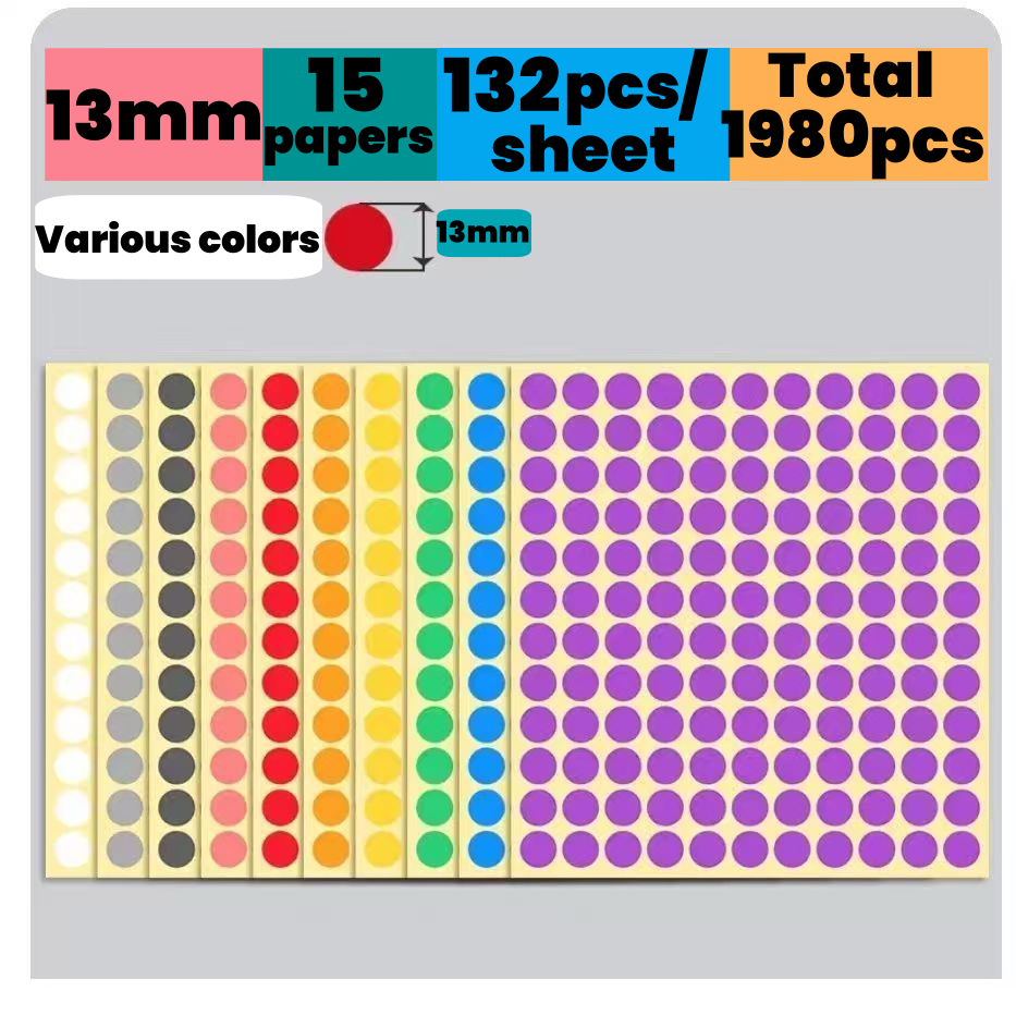 132Pcs/Sheet Color dot label stickers 13mm color label classification ...
