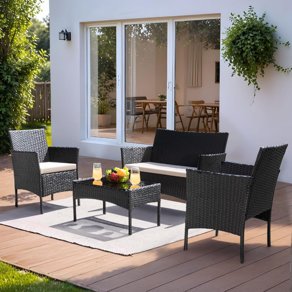 Giantex Patio Furniture Pieces Conversation Sets Outdoor Wicker Rattan  Chairs Garden Backyard Balcony Porch Poolside loveseat with Cushion and  Glass