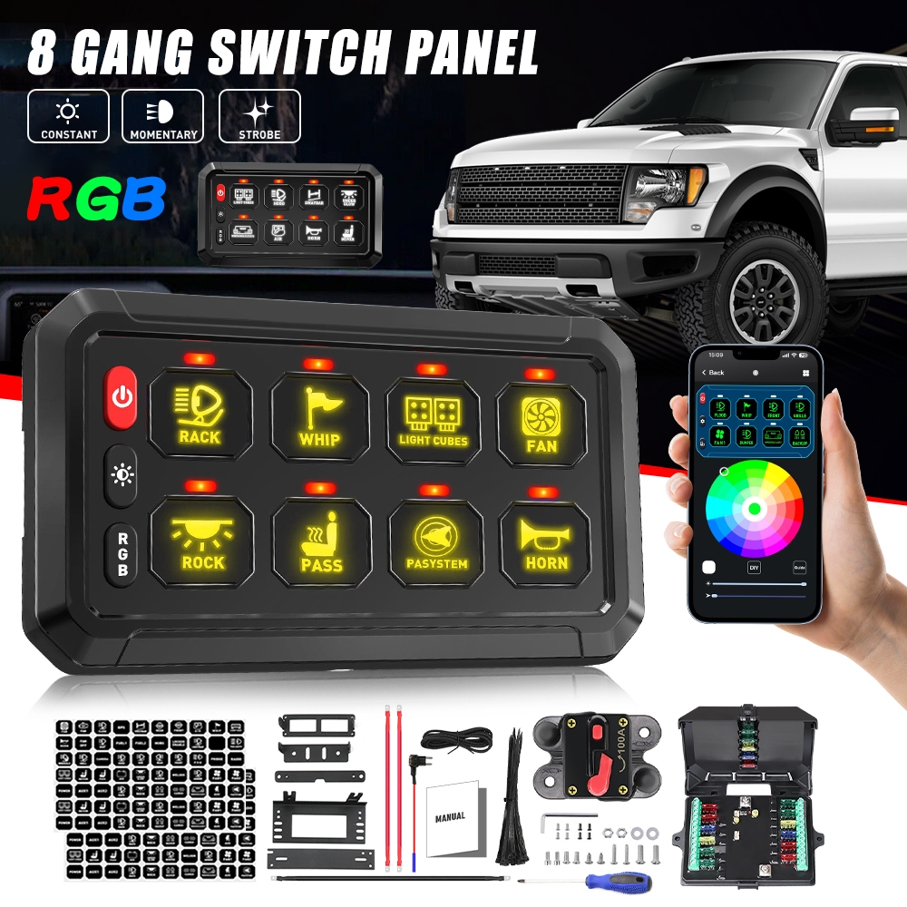 8 Gang RGB Bluetooth Wireless Switch Panel – 12V/24V, IP65, Multifunction – For Truck, Jeep, Boat, Off-Road