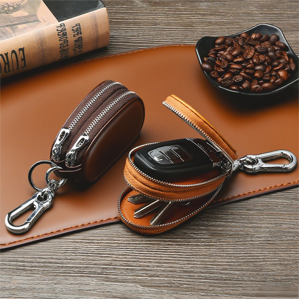 Oil Wax Leather Car Key Case Genuine Leather Double Zipper ...