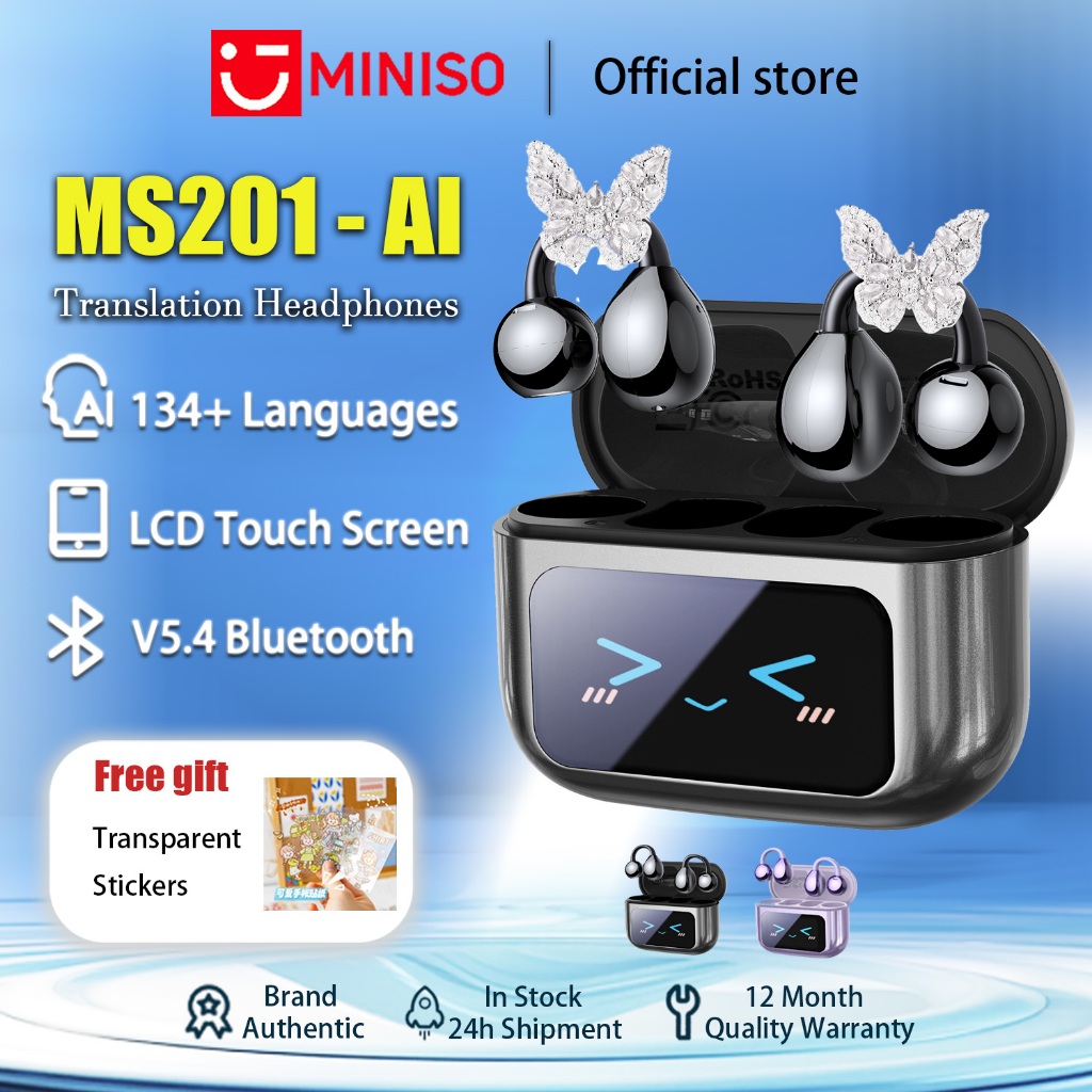 MINISO MS201 Al Smart Real-Time Translation Wireless Earphones Clip  Open-Ear TWS Hook Earbuds Bluetooth With LED Touch Screen