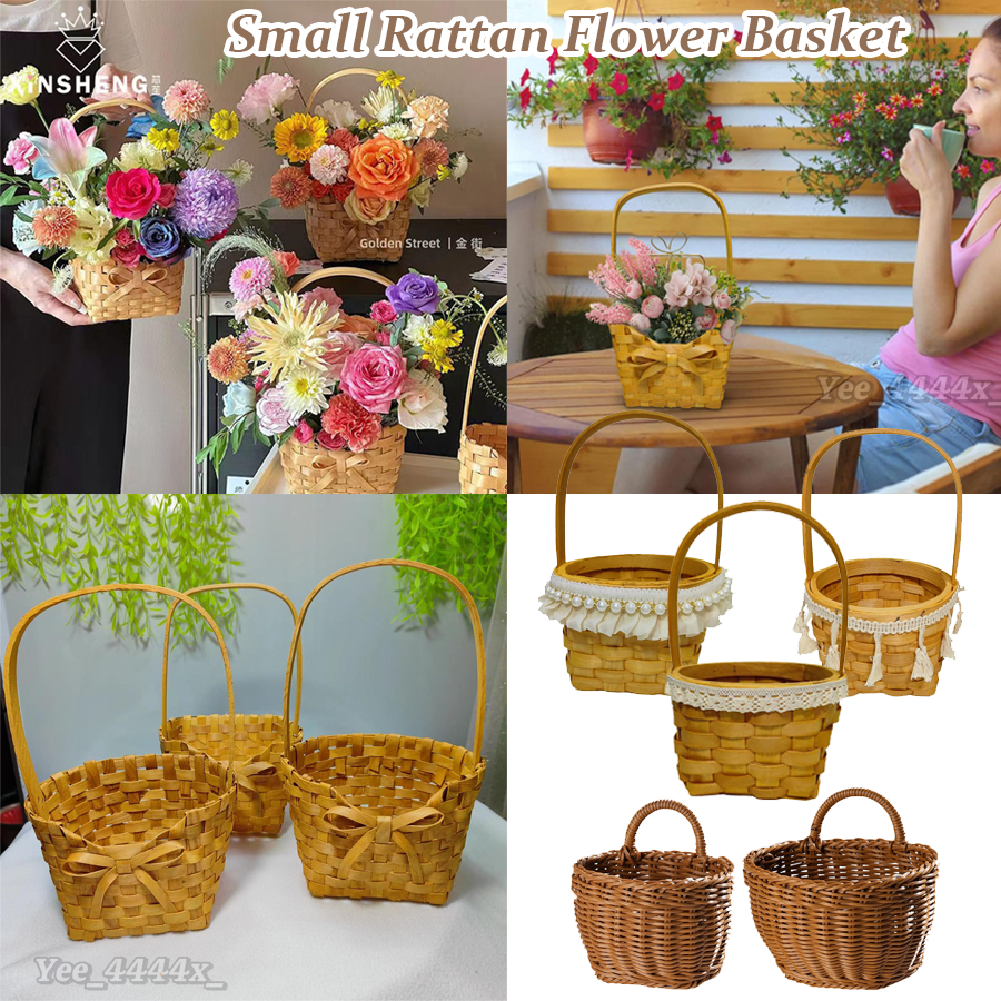 Small Rattan Flower Basket Rustic Style Bow Flower Baskets with Handle ...