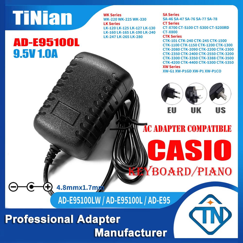 9.5V 1A AC Adapter AD-E95100L for Casio WK-220 WK-225 WK-330 LK-111 LK