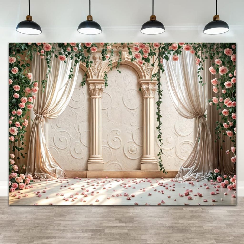 7x5ft Wedding Party Backdrop, Floral Grass Wall White Sheer Curtain ...