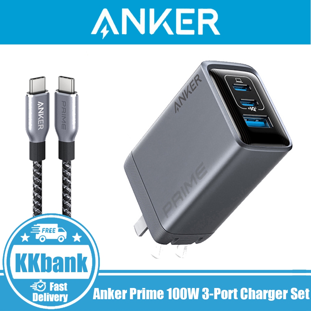 Anker 100W Prime 3-Port Charger Set, GaN Foldable USB C Charger 100W ...