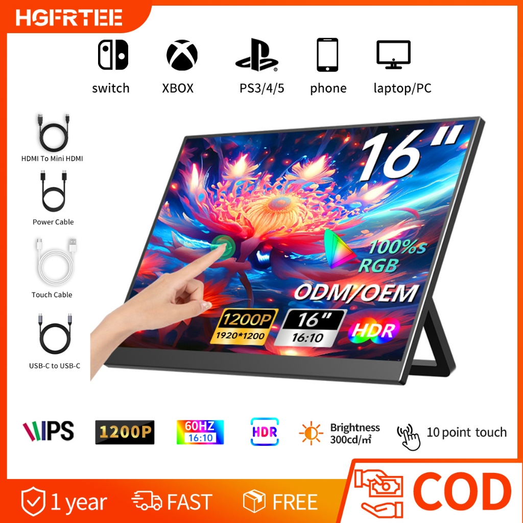 HGFRTEE 16inch Touch Screen Portable Monitor 100%sRGB Travel Gaming ...