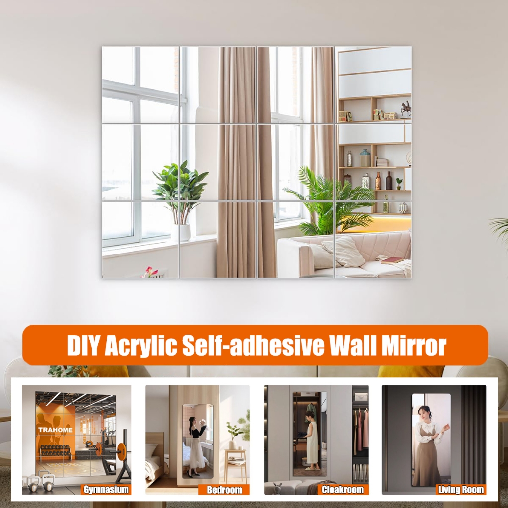 16PCS DIY Wall Mirror Unbreakable Full Body Makeup Mirror Acrylic Self ...