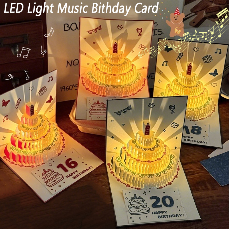 3D Pop Up Birthday Cards Warming LED Light Cake Music Happy Card ...
