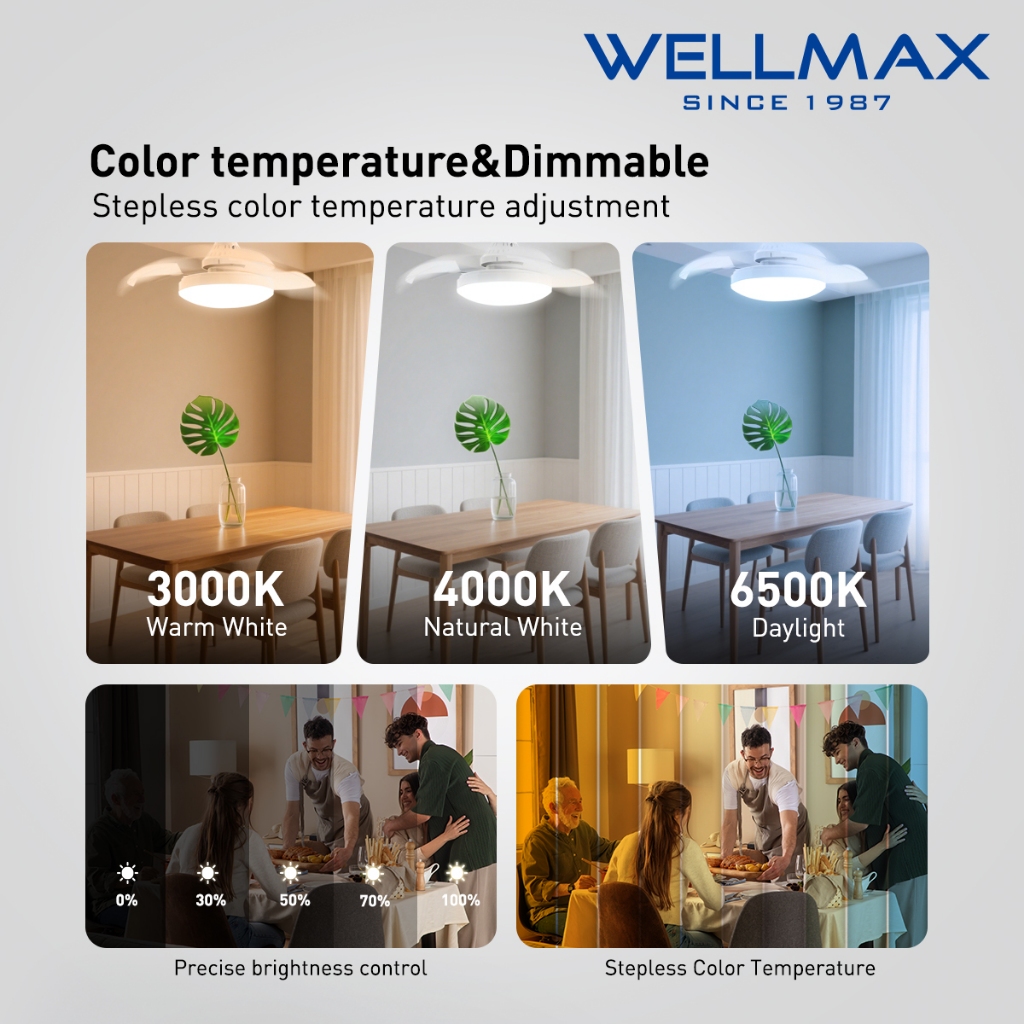 WELLMAX Harmony Series Ceiling Fan Light Stepless Dimming E27 100-240V ...