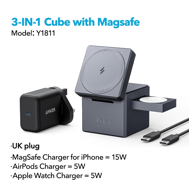 【With Charger】Anker MagSafe Charger Stand 3-in-1 Cube with MagSafe, 15W Max  Fast Charging Stand, Foldable Wireless Charger Compatible For iPhone
