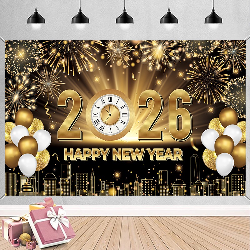 2026 New Year Backdrop Golden Black Glitter Firework Shinning Balloon ...