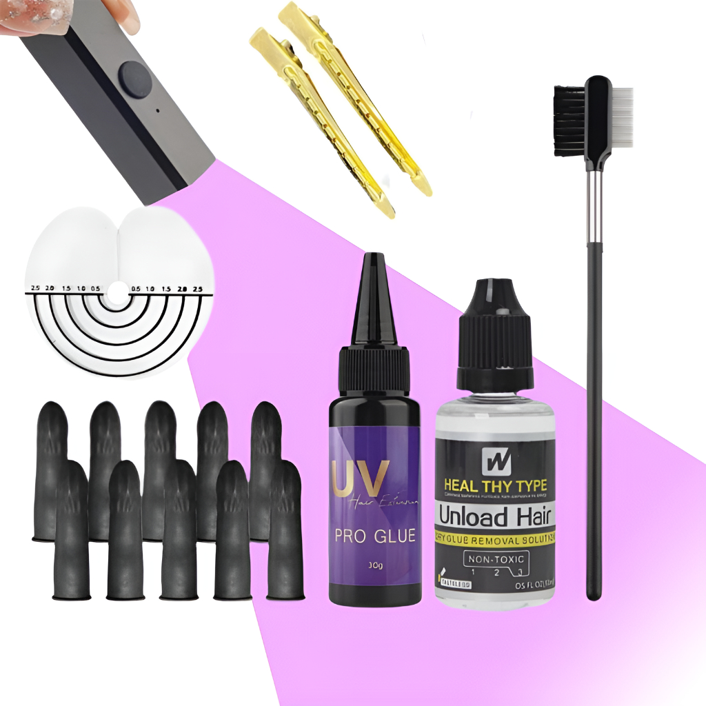 Ultimate UV Hair Extension Kit with Glue, Remover, UV Lamp & Comb ...