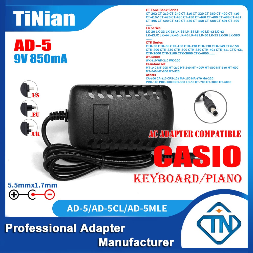9V 850mA AD-5 ADR-8 ADR-9 AC/DC Adapter for Casio CT-611 CT-620 CT-636 ...