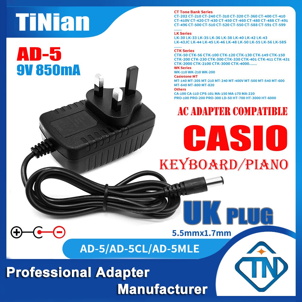 9V 850mA AC/DC Adapter AD-5 AD-5CL forCasio CTK-451 471 800 810 900  CTK-2000 CT 588 670 LK 110 100 Keyboard Electronic Piano Power Supply