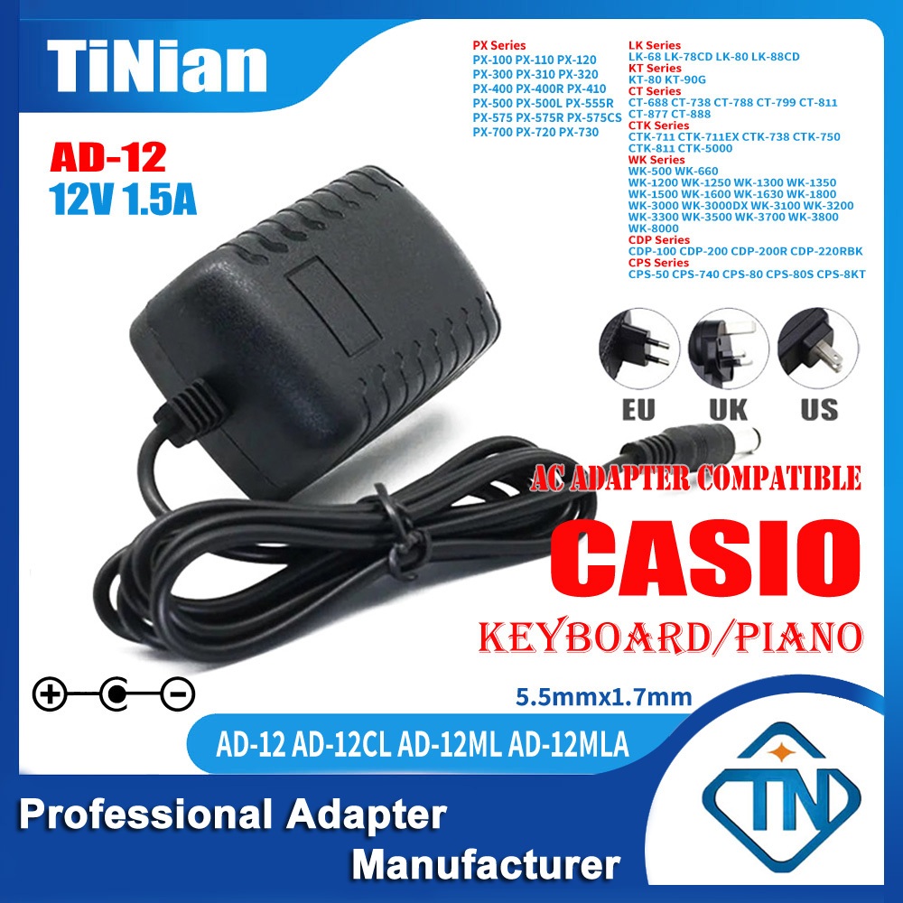 12V 1.5A AD-12 Power Supply Cord AC Adapter for Casio WK-3000(DX) WK ...