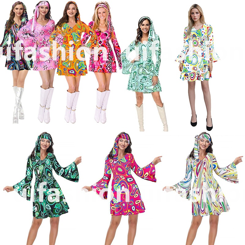 Women Hippie Dress With Headband 60s 70s Peace Love Costume Long sleeve  Printing Disco Hippie Dress Halloween Boho Beach Dress Carnival Masquerade  Halloween Cosplay | Shopee Philippines