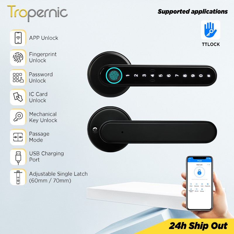 TTLOCK Smart Door Lock Fingerprint Handle 60/70MM Single Bolt Lock 5 In ...