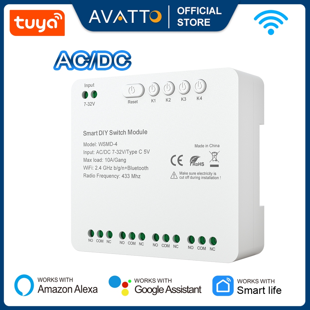 AVATTO Tuya WiFi AC/DC Smart Switch Module RF 433 4 way 7-32V/85-250V ...