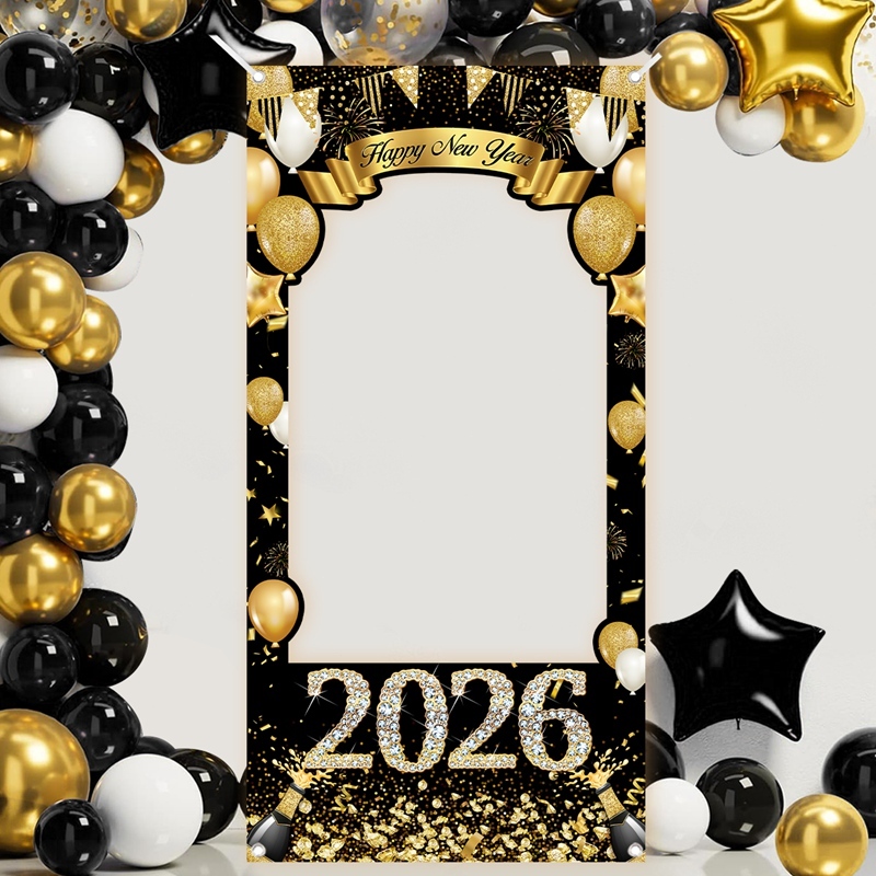 2026 Happy New Year Photo Frame Banner Black Gold Glitter Diamond New ...