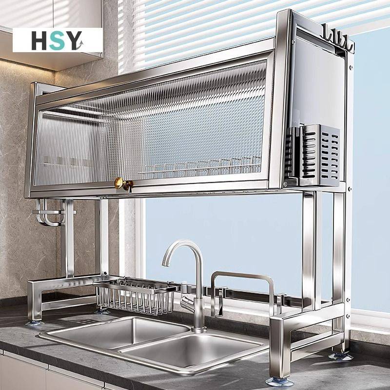 HSY Stainless Steel 304 Dish Rack Drainer with Cover Kitchen Organizer ...