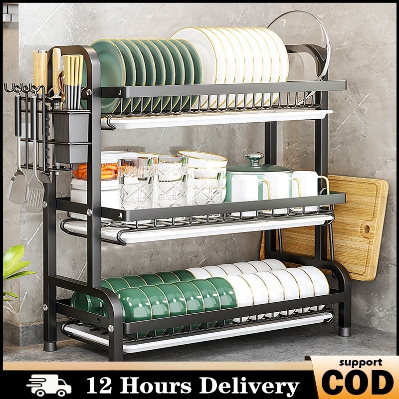【COD】2/3 Tiers Stainless steel dish rack kitchen dish rack rust-proof ...