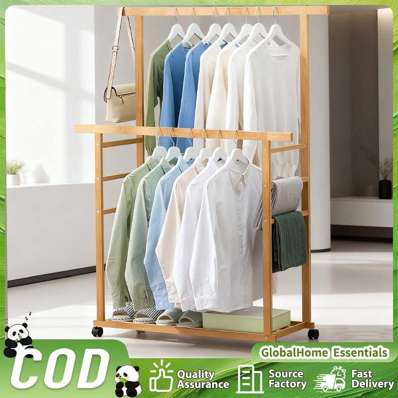 Clothes Rack Drying Rack With Wheels Moveable Wooden Clothes Hanger ...