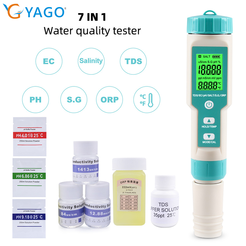 YAGO 7-in-1 Water Quality Tester Pen TDS/EC/PH/Salinity/Specific  Gravity/ORP/Temperature 0-10000ppm Auto Temperature Compensation Suitable  for
