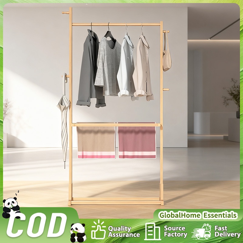 Bamboo Clothes Rack Stand Wood/Brown Multi Clothes Coat Bag Rack Double ...