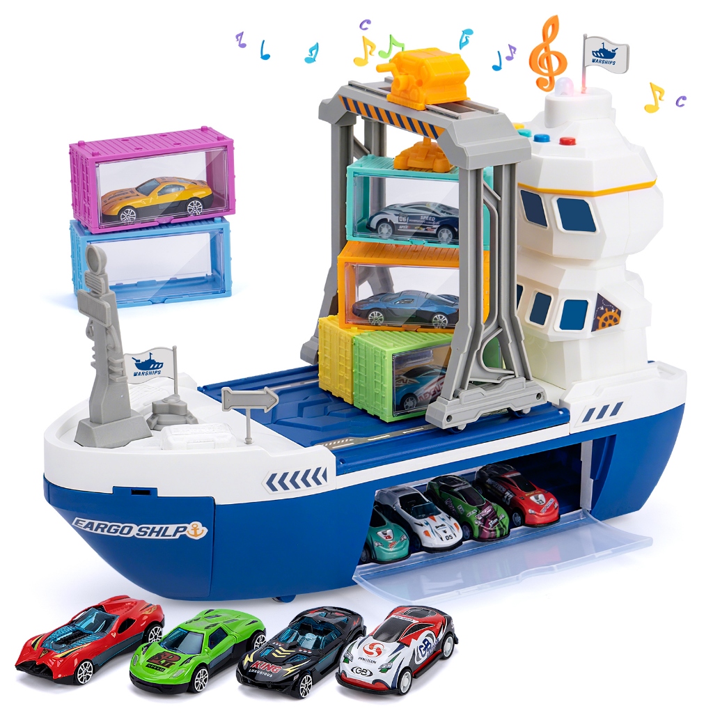 Cargo Ship with Transport Containers and Race Cars, Toy Boat and Gantry ...
