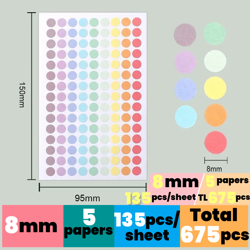 8mm，Various colors，135Pcs/Sheet Color dot label stickers 8mm color ...