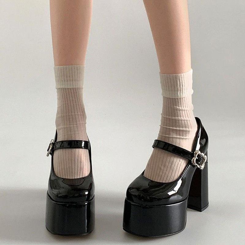 (with box)Black Leather Shoes High Heels Waterproof Platform Chunky ...