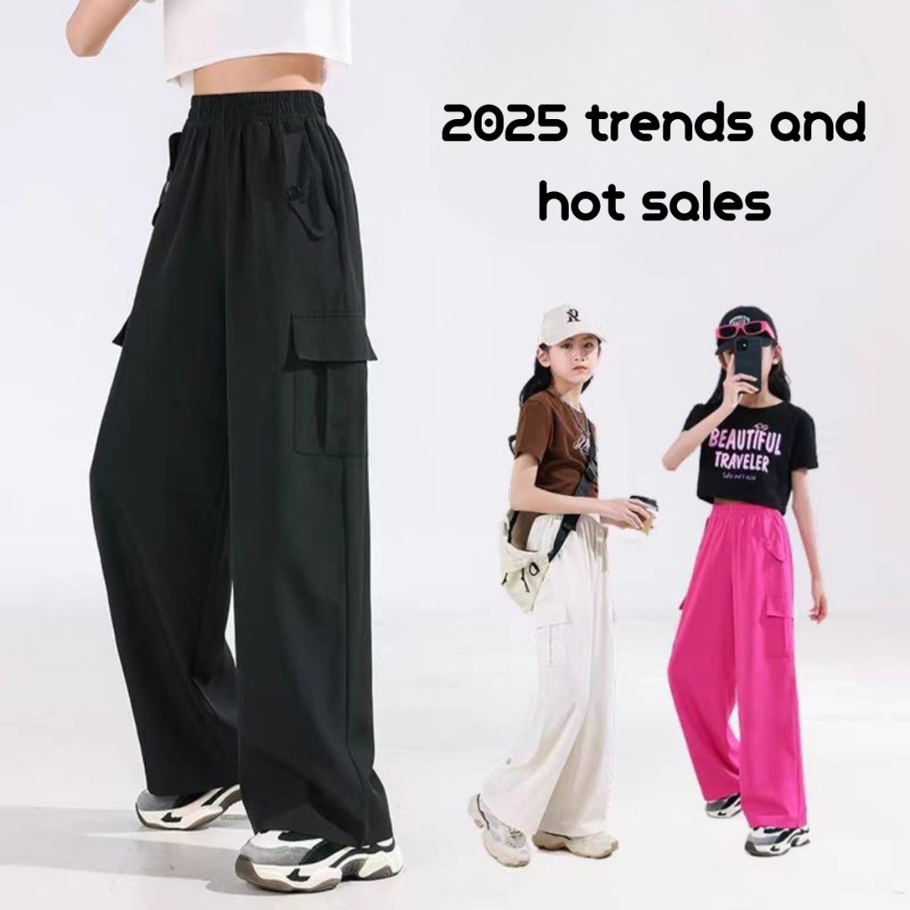 2025 New Girls' Ice Silk Wide-leg Pants, Solid Color with Multi-pocket ...