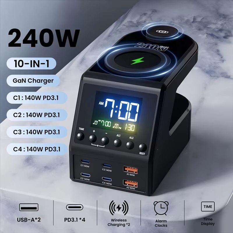 240W Gan Charger Station With Alarm Clock Time Display 4X140w PD3 1 USB