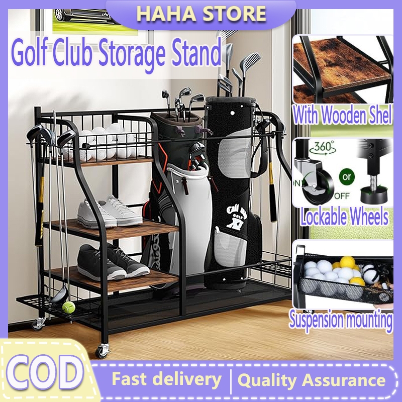 Golf Club Stand Rack With Wooden Shelf Golf Equipment Organizer Rack ...