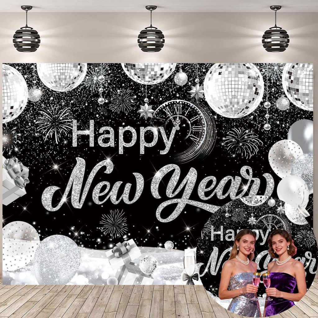 Black and Silver Happy New Year Backdrop Disco New Year Eve Background ...