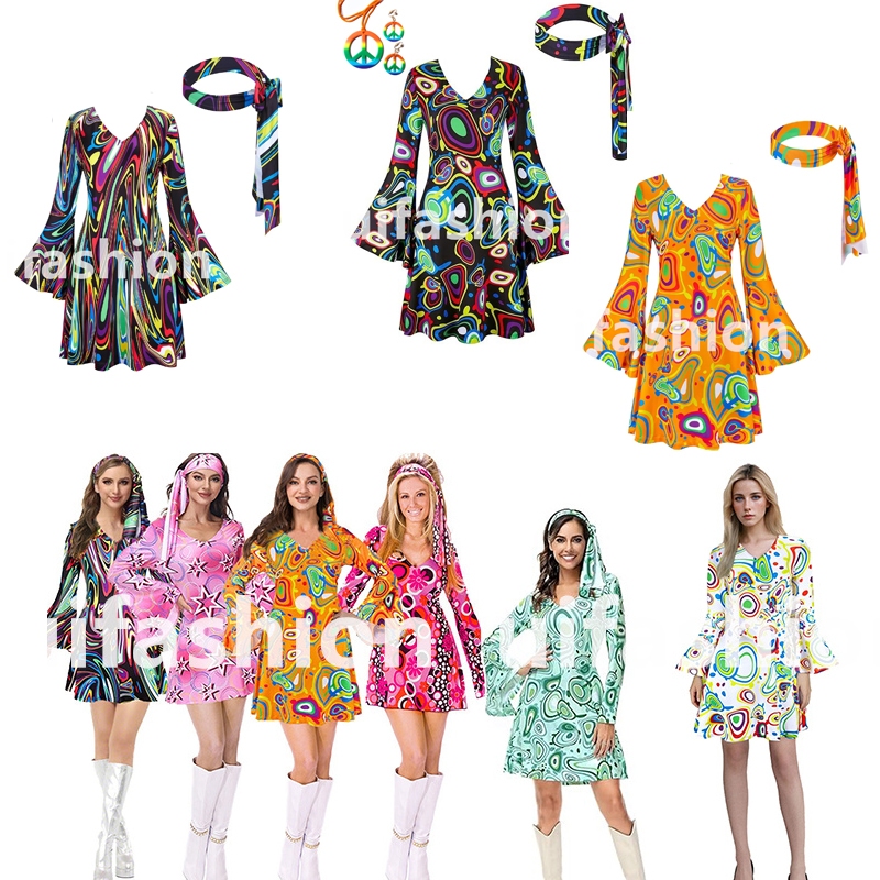 60s 70s Women's Hippie Costume Retro Print Flared Sleeve Dress with  Headband Colorful Earrings Necklace Disco Costume Carnival Masquerade  Halloween Cosplay Gift | Shopee Philippines