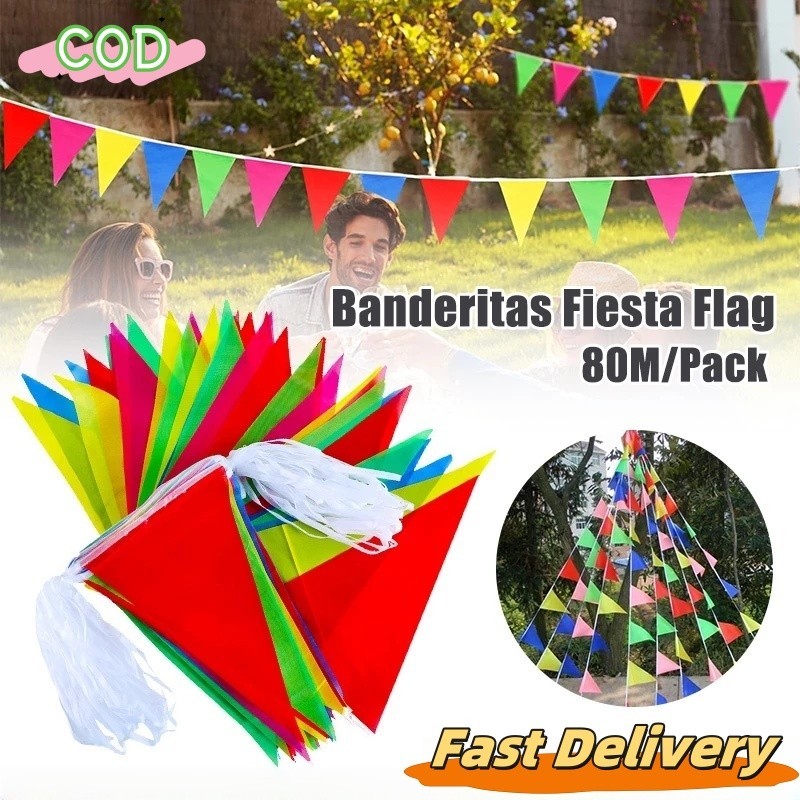 80 Meters Vibrant Triangle Plastic Flags Long String Banderitas ...