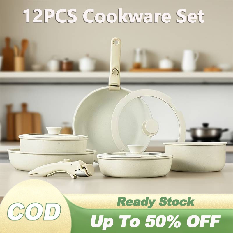 12pcs Cookware Set, Non-Stick Pot Set with Detachable Handle, Induction ...