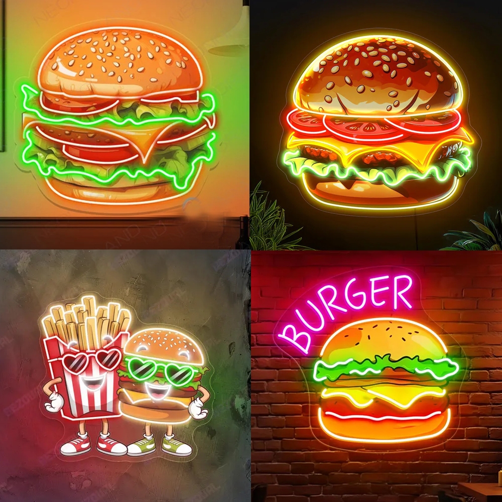 Burger Neon Sign Print UV Burger Neon Sign Light Fast Food Neon Sign ...