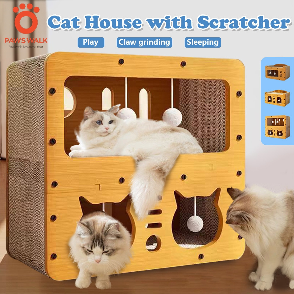 2 in 1 Cat Scratcher Wooden Cat House Large Space Durable Sturdy Cat ...