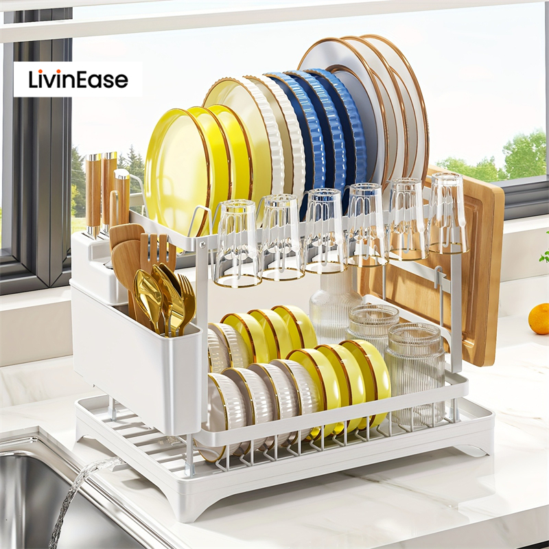 LivinEase Premium Dish Rack 2 Tier Organizer with Foldable Design Easy ...