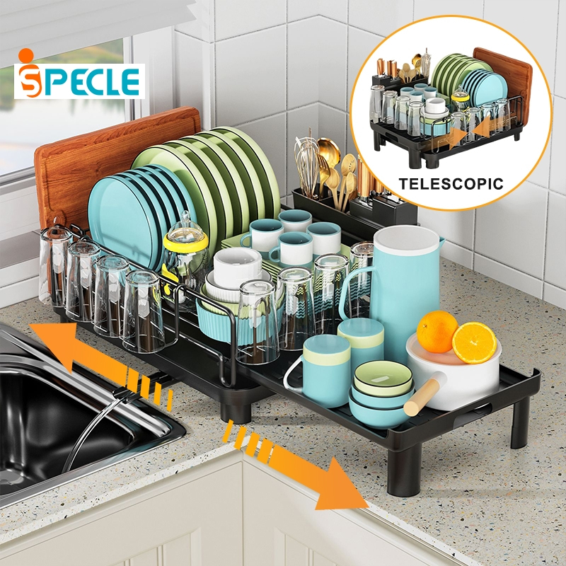 iSPECLE Dish Rack with Drip Plate Scalable Drain Rack Carbon Steel Dish ...