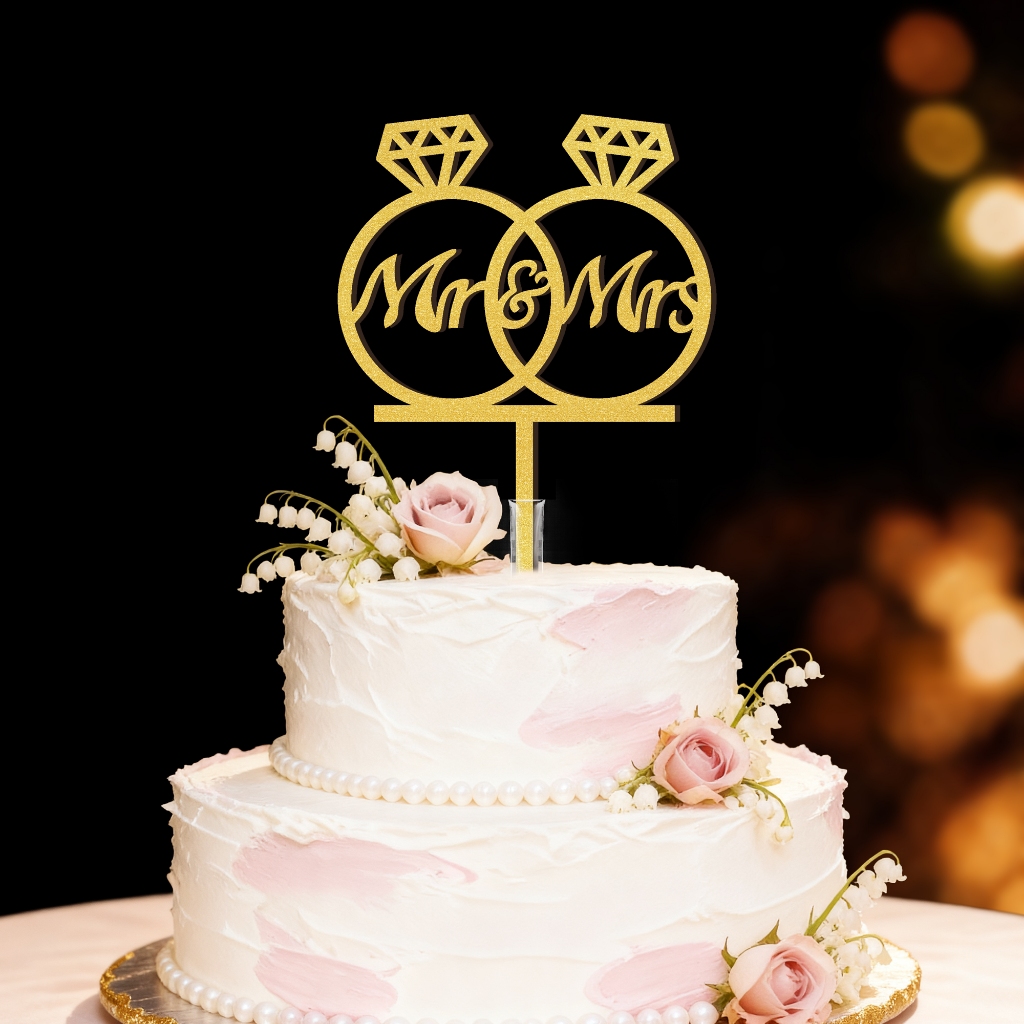 Mr & Mrs with Ring Cake Topper Wedding Cake Decoration in Wooden Double ...