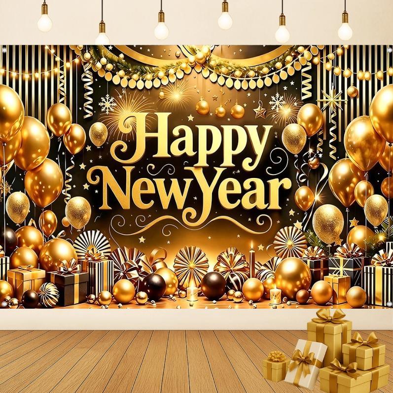 【New Design】Happy New Year Banner Black Gold Balloon Backdrop Happy New ...