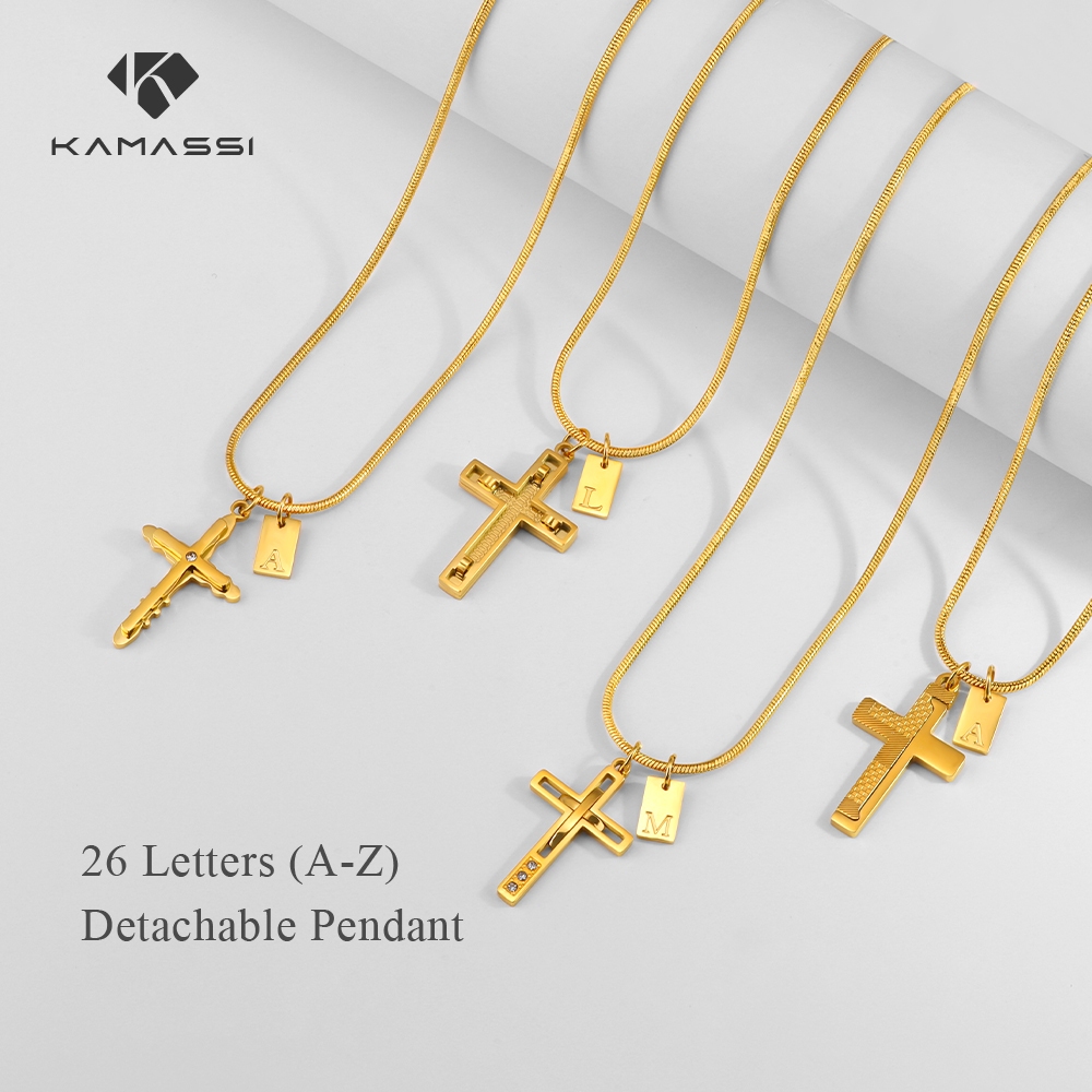 KAMASSI Lucky Letter Cross Pendant Necklace Unisex Stainless Steel ...