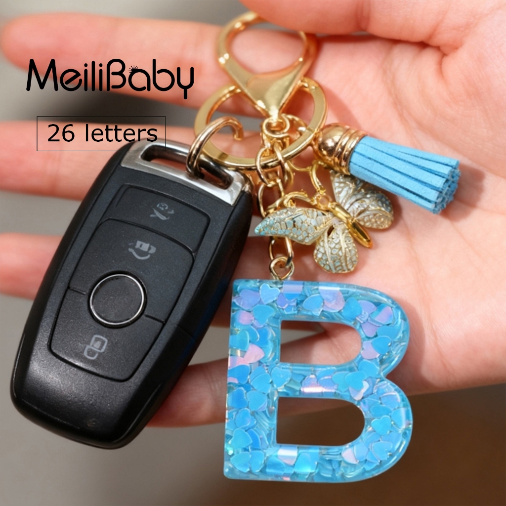 Sweet Style Letter Keychain Blue Heart Sequins Butterfly with Tassel A ...