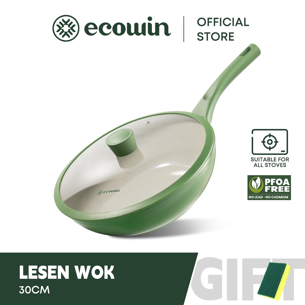 Ecowin 30cm Nonstick Ceramic Rock Stir-Fry Pan Wok with lid No PFAS ...