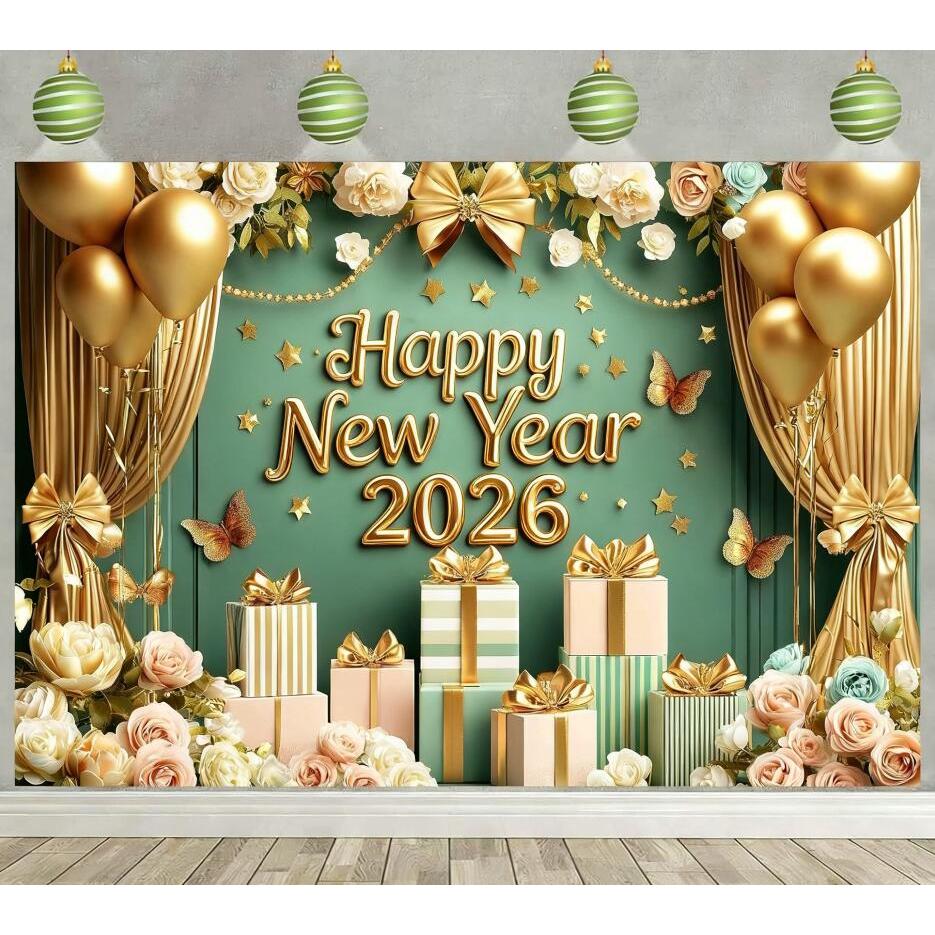 Green Happy New Year 2026 backdrop Holiday Celebration banner Green