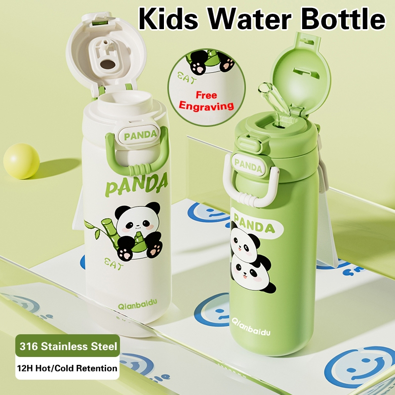 316 Stainless Steel Kids Water Bottle, Free Engraving,Cute Panda Design with Straw,Keep Hot/Cold 12H