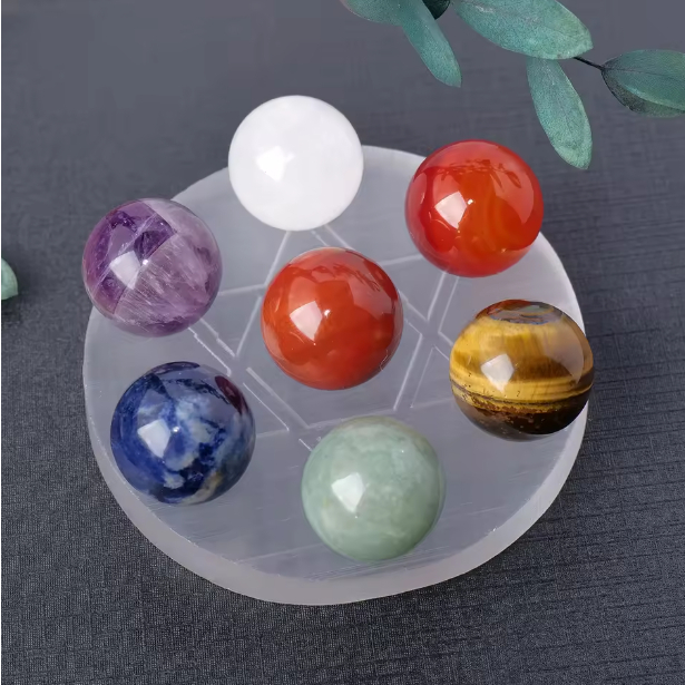 Seven Star Selenite Plate & Chakra Balls Set Complete Crystal Charging ...